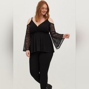 Babydoll Super Soft Surplice Cold Shoulder Lace Bell Sleeve Top